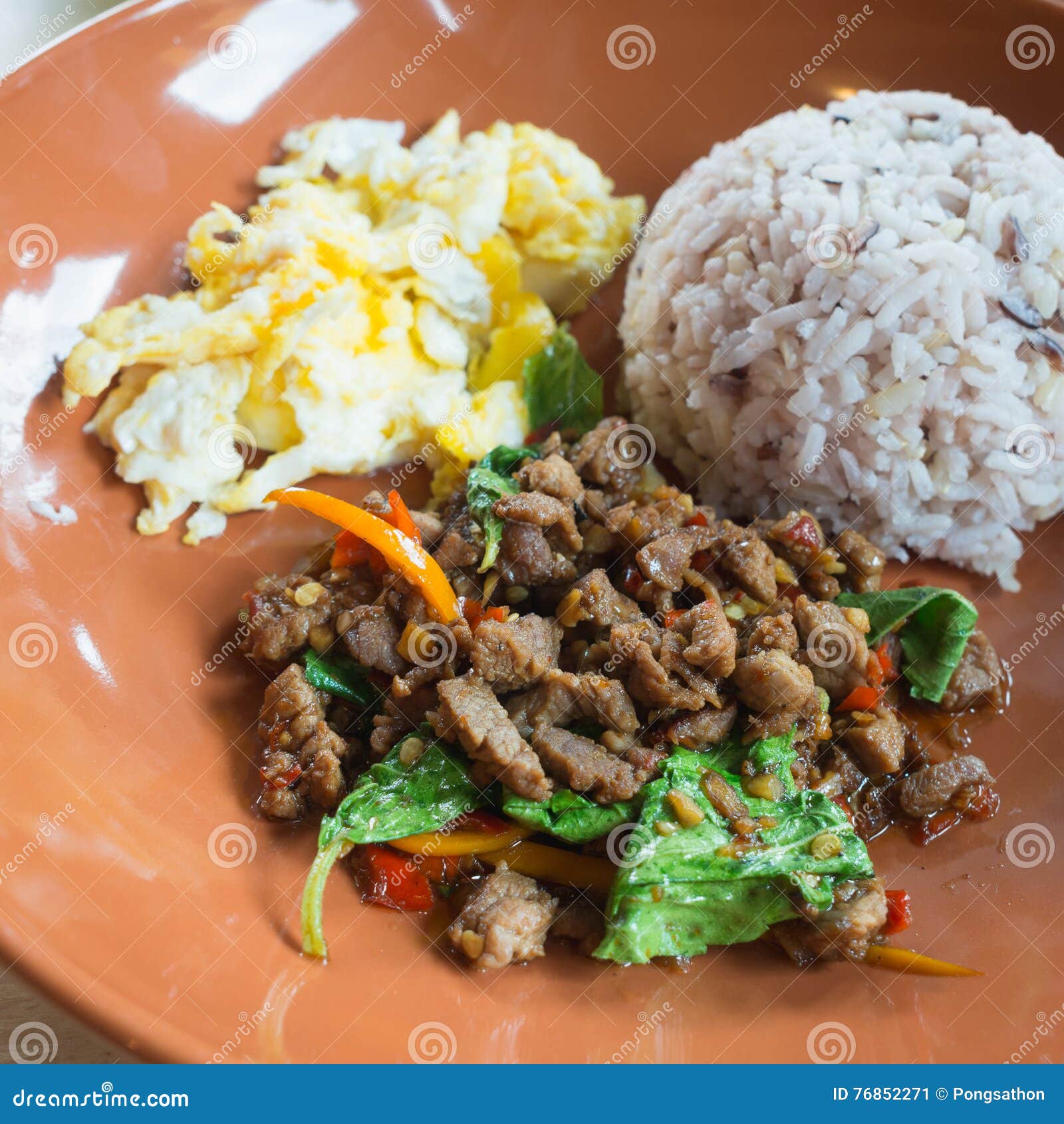Stir Fried Basil Pork and Egg with Steamed Rice Stock Image Image of
