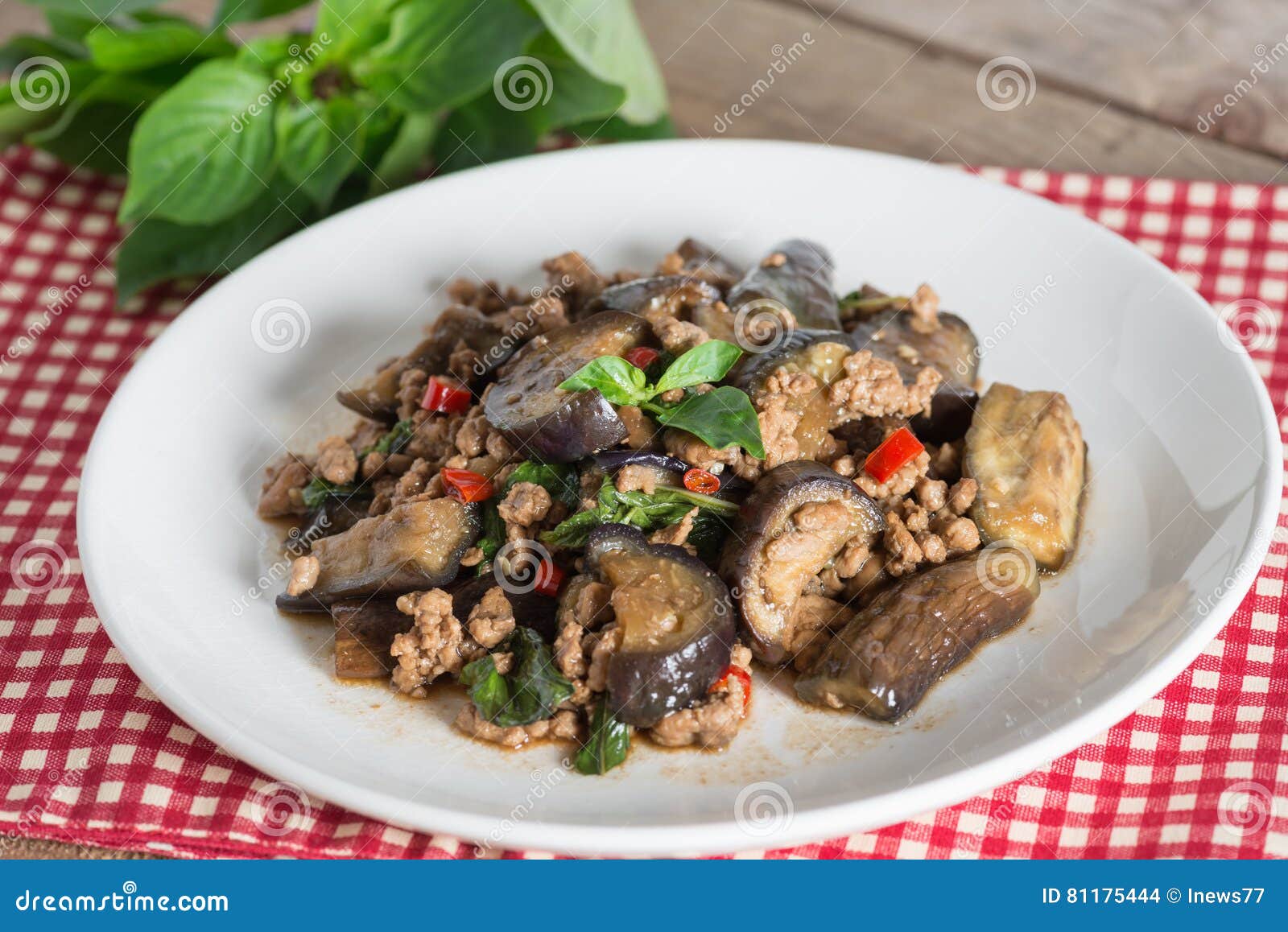 Stir Fried Eggplant with Minced Pork and Basil. Stock Photo - Image of