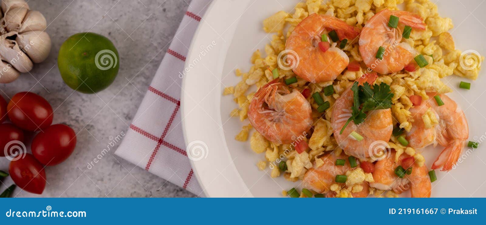 Stir Fried Eggs with Shrimp on a White Plate Stock Image Image of