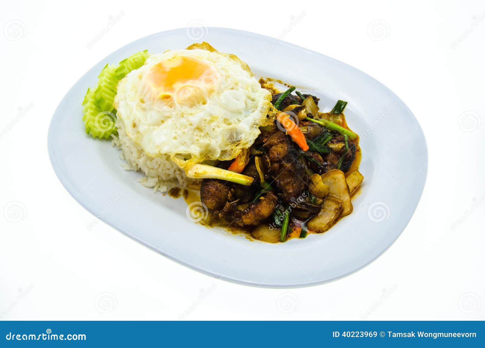 Stir Fried Fish with Basil Fried Egg and Rice Stock Image Image of