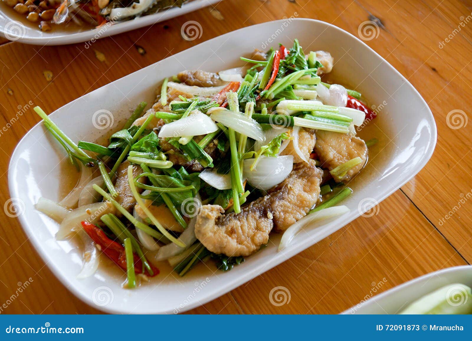 Stir Fried Fish with Chinese Celery in White Dish Stock Image Image