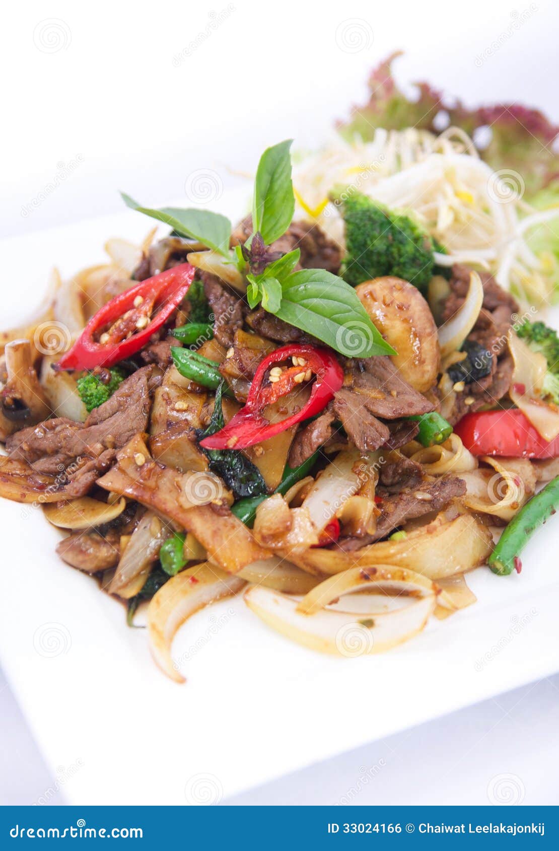 Stir Fried Flat Rice Noodles with Basil Sauce. Stock Photo - Image of