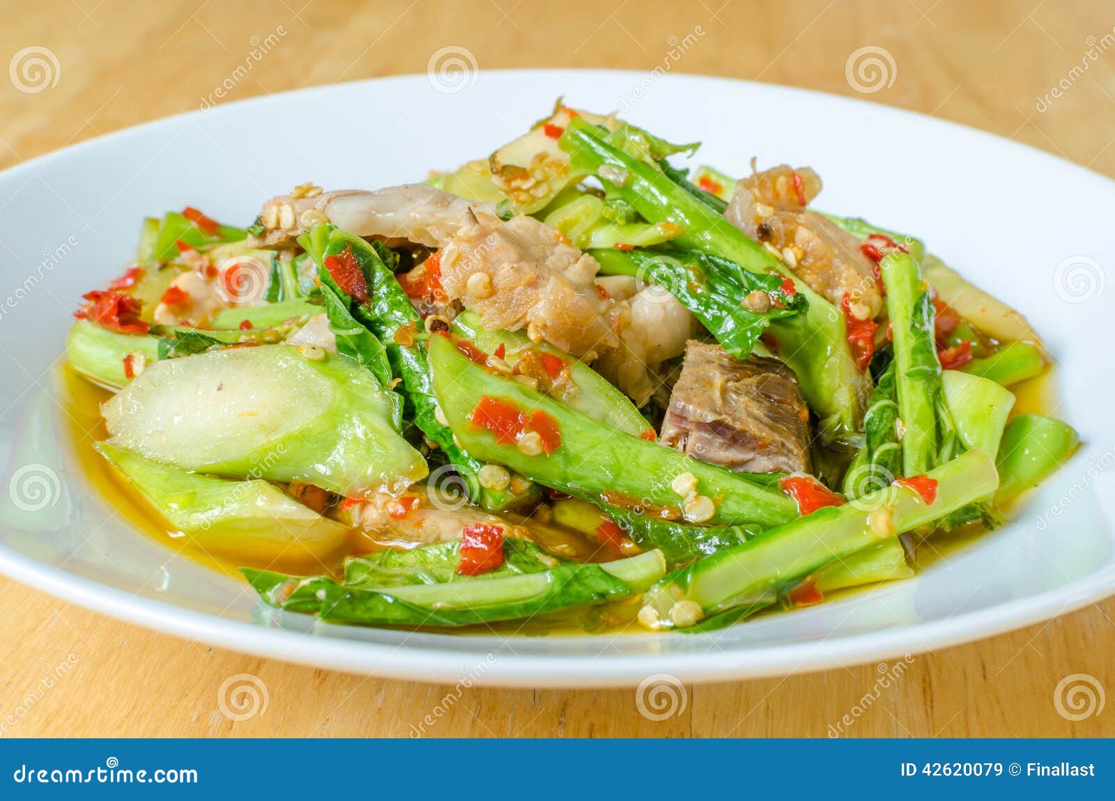 Stir Fried Kale with Crispy Pork Stock Image Image of food