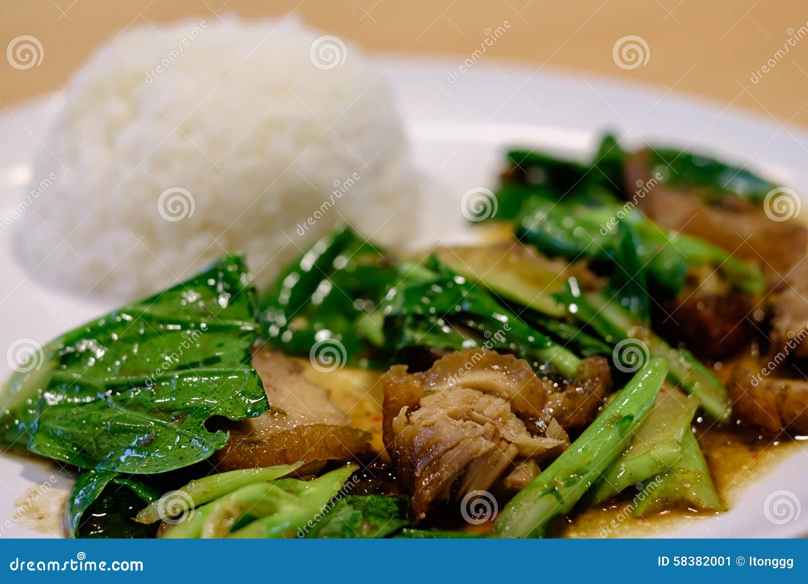 Stir Fried Kale with Crispy Pork and Steamed Rice Stock Image Image