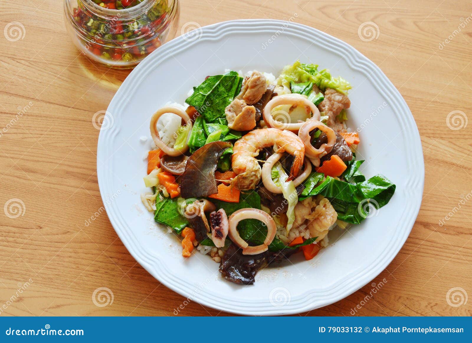 Stir Fried Mixed Vegetable with Seafood and Chili Fish Sauce Stock