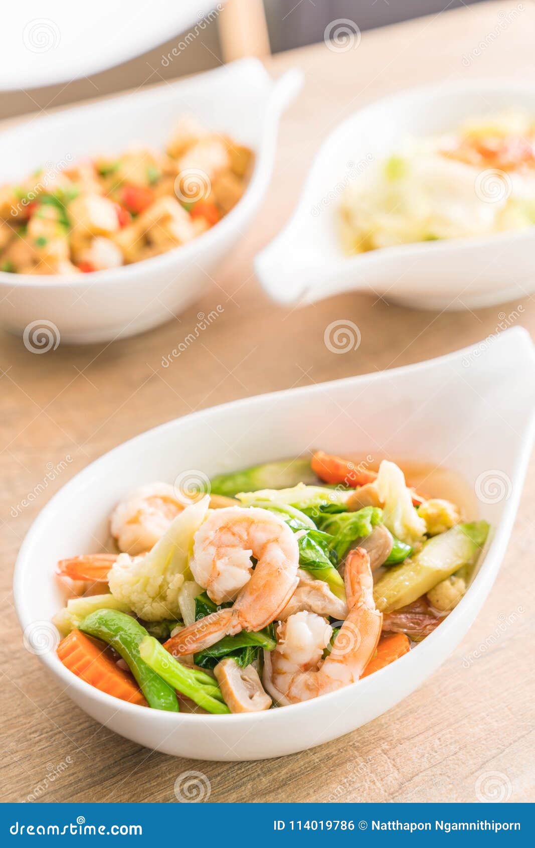 Stir-Fried Mixed Vegetables in Oyster Sauce with Shrimps Stock Photo