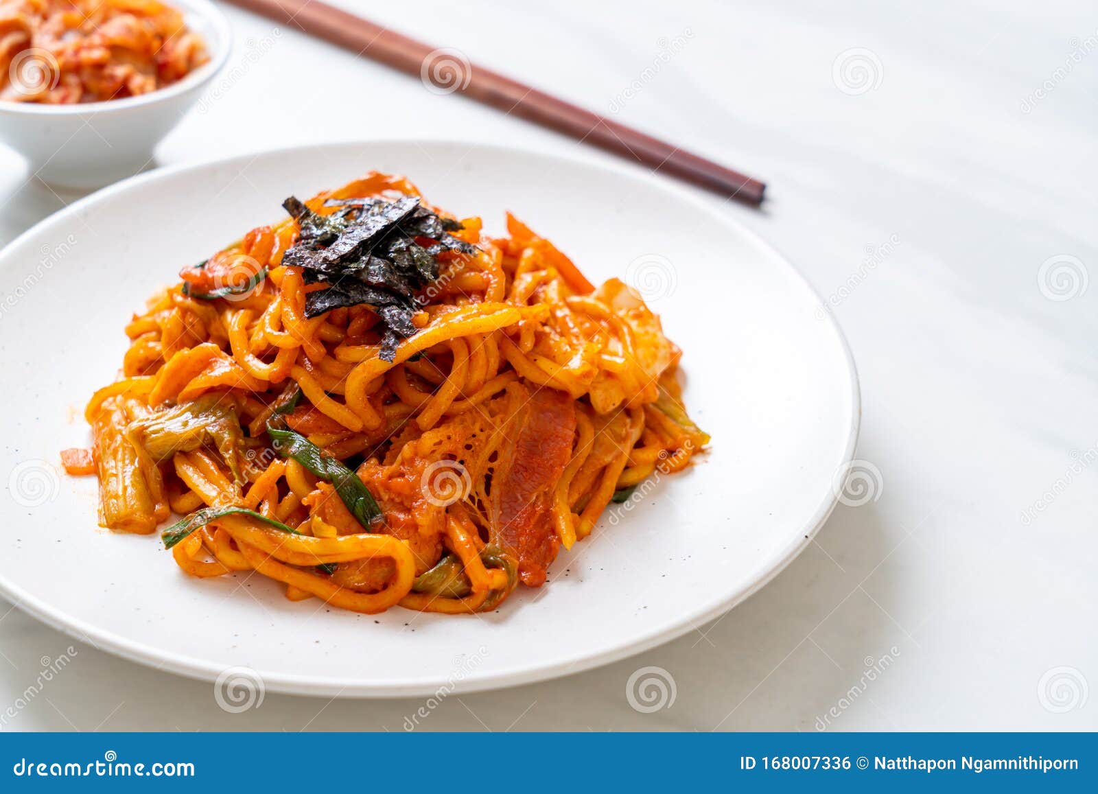 Stir-fried Noodles with Korean Spicy Sauce and Vegetable Stock Photo