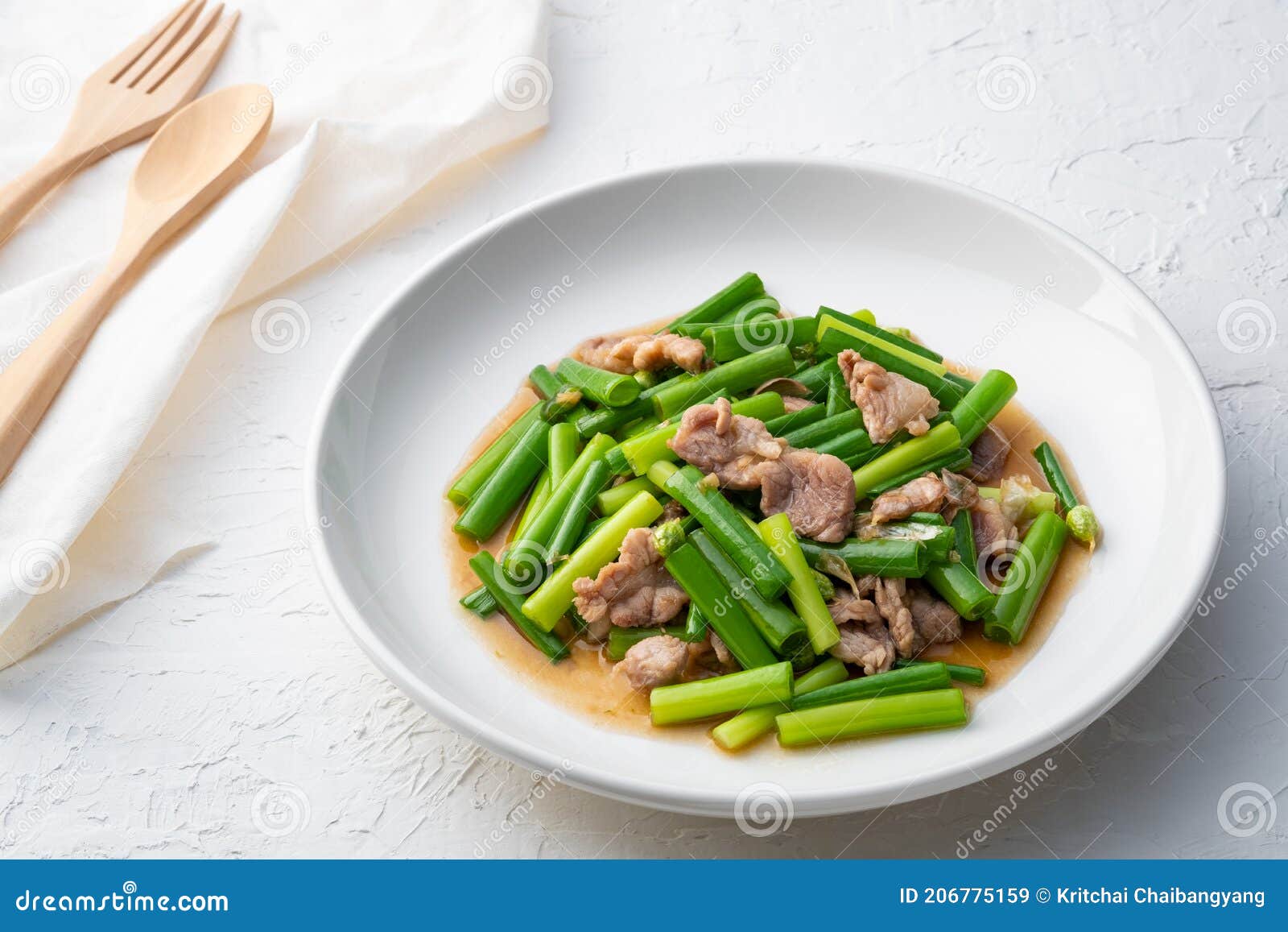 Stir Fried Onion Flower Stem and Sliced Pork with Oyster Sauce Stock ...