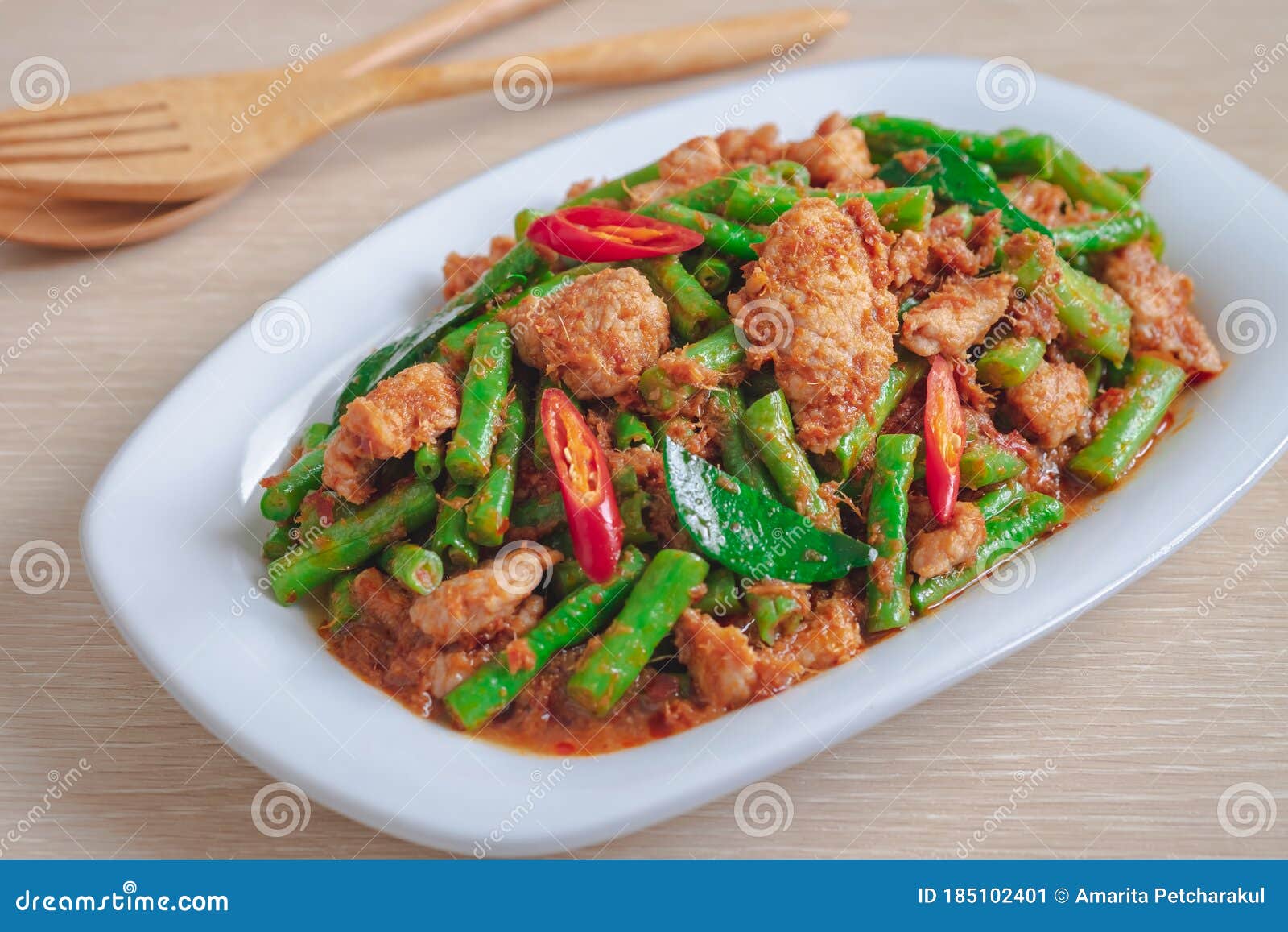 stir fried pork with yard long bean and red curry paste, thai food