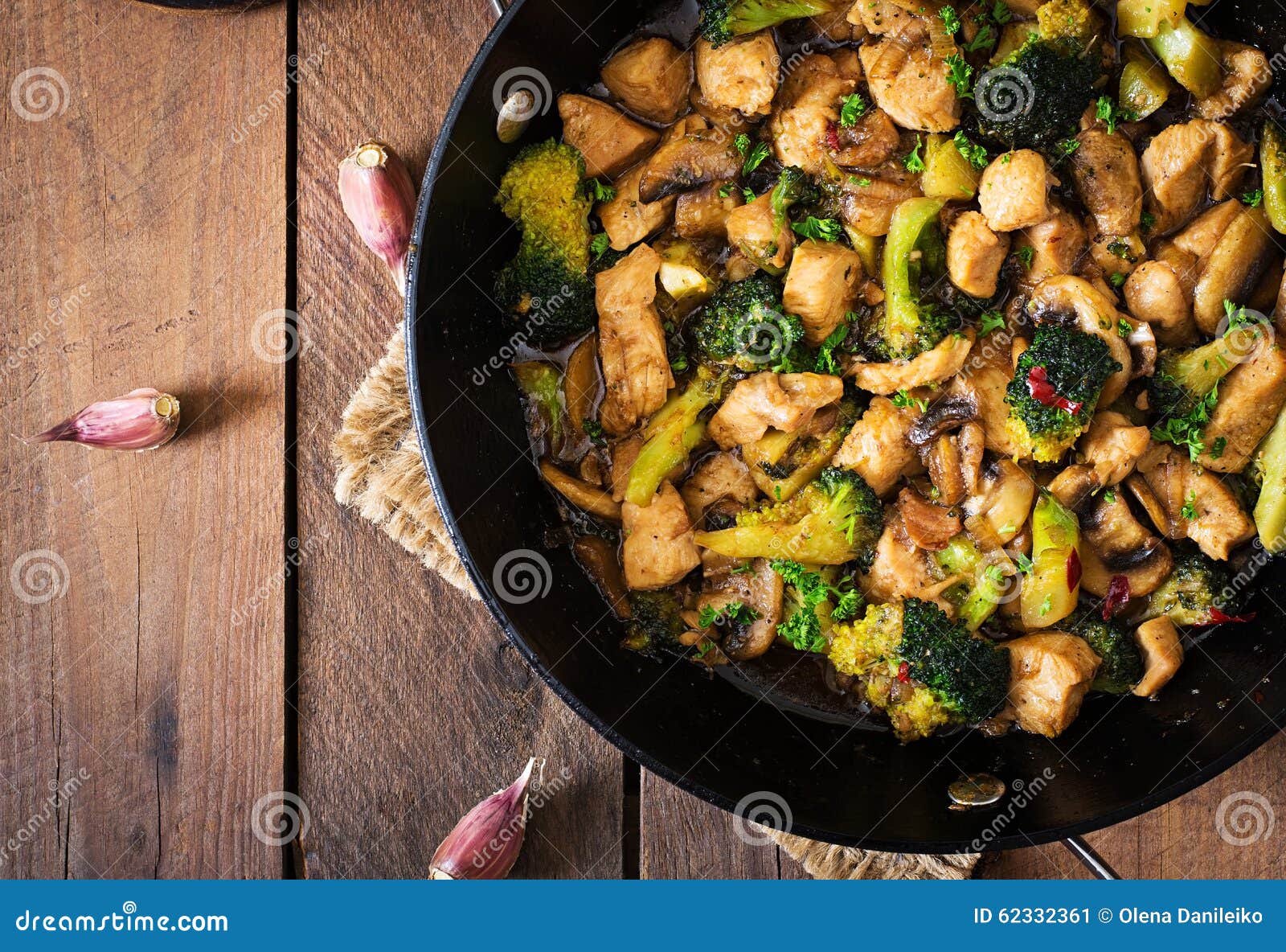 Stir Fry Chicken with Broccoli and Mushrooms - Chinese Food. Stock