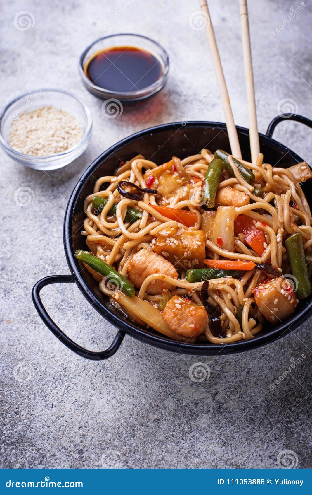 Stir Fry Noodles with Chicken, Tofu and Vegetable. Stock Photo - Image