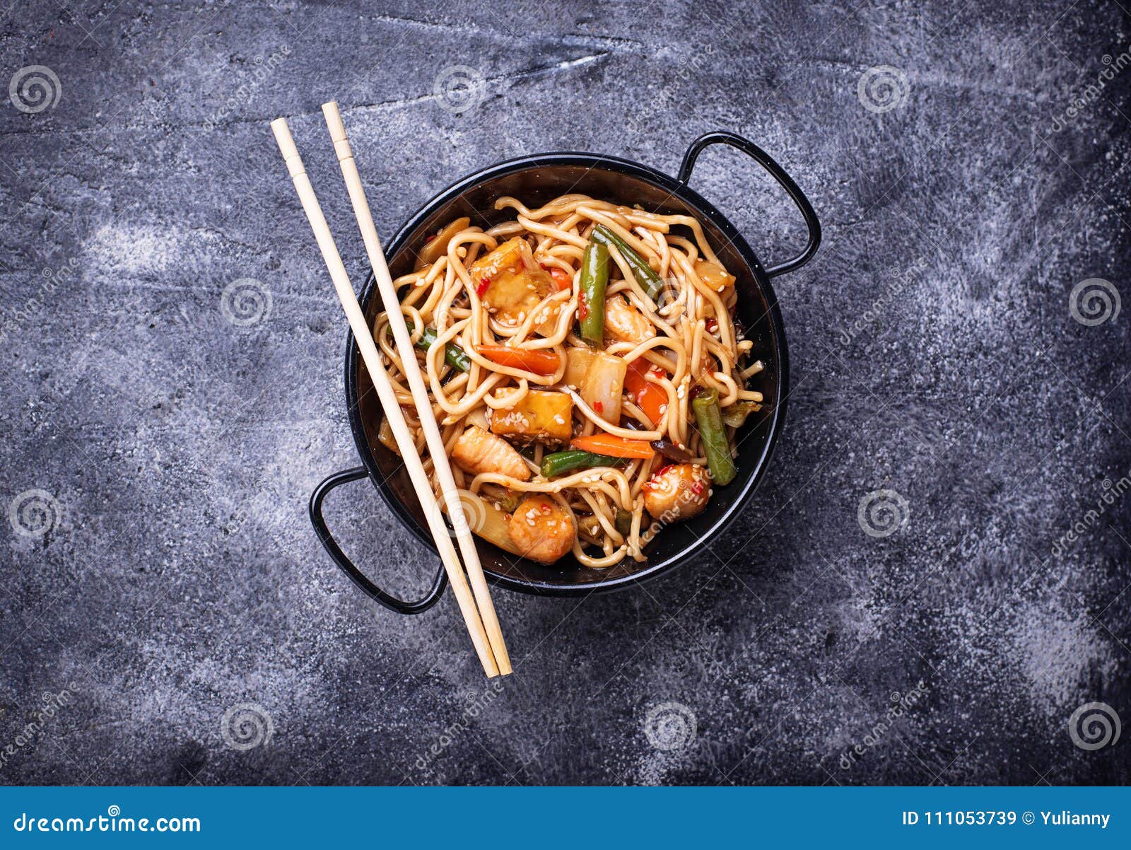 Stir Fry Noodles with Chicken, Tofu and Vegetable. Stock Image - Image