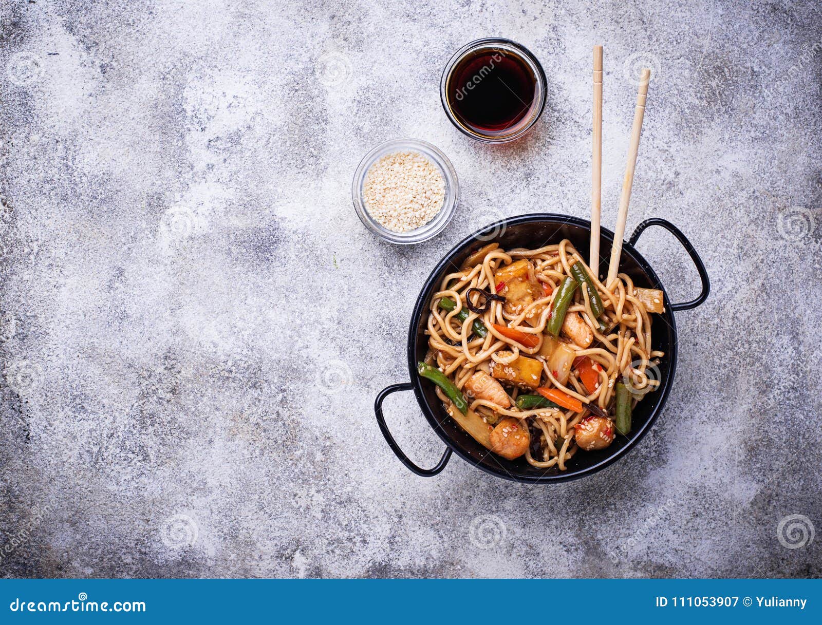 Stir Fry Noodles with Chicken, Tofu and Vegetable. Stock Image - Image