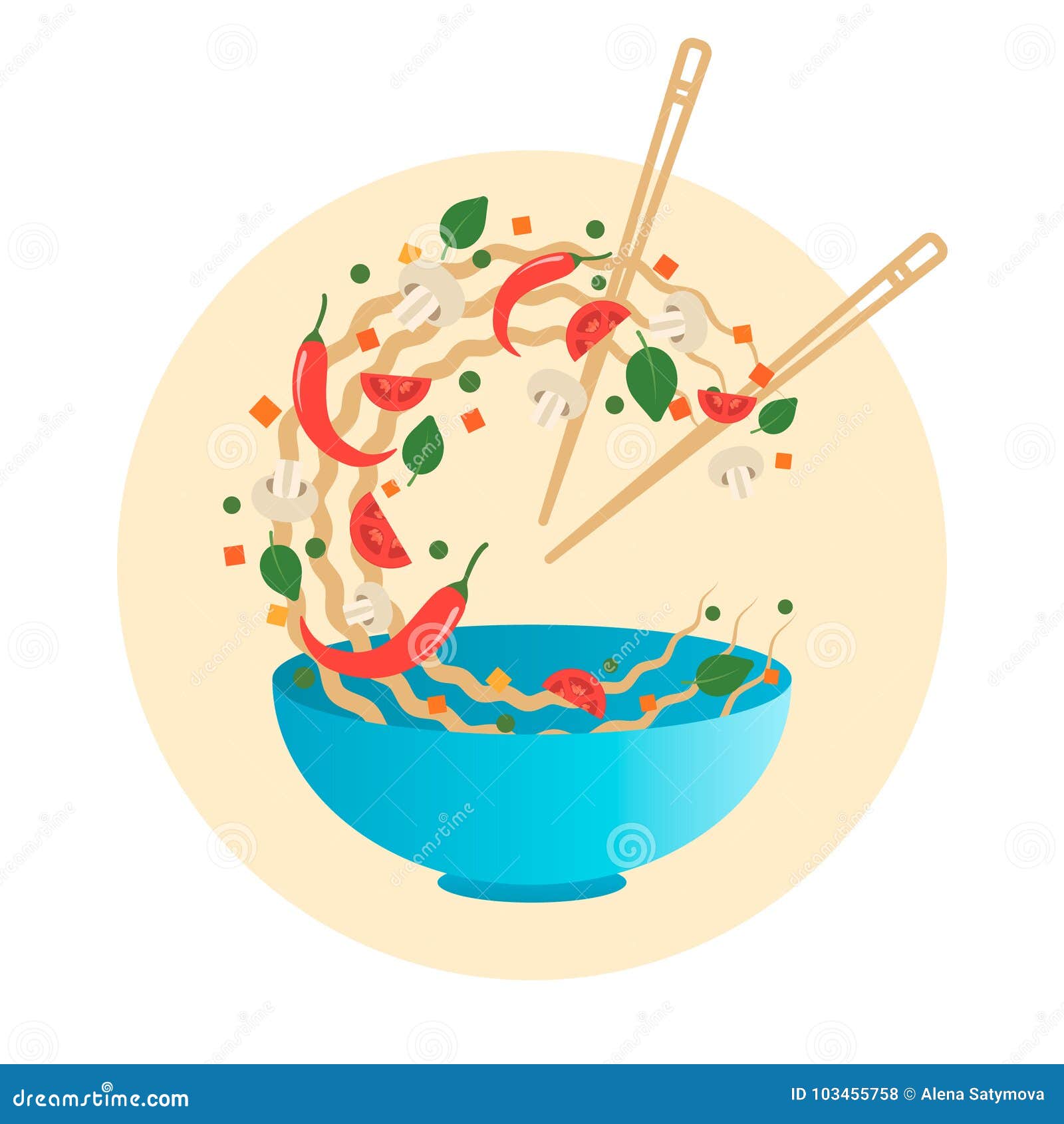 Stir Fry Vector Illustration. Flipping Asian Noodles with Vegetables in