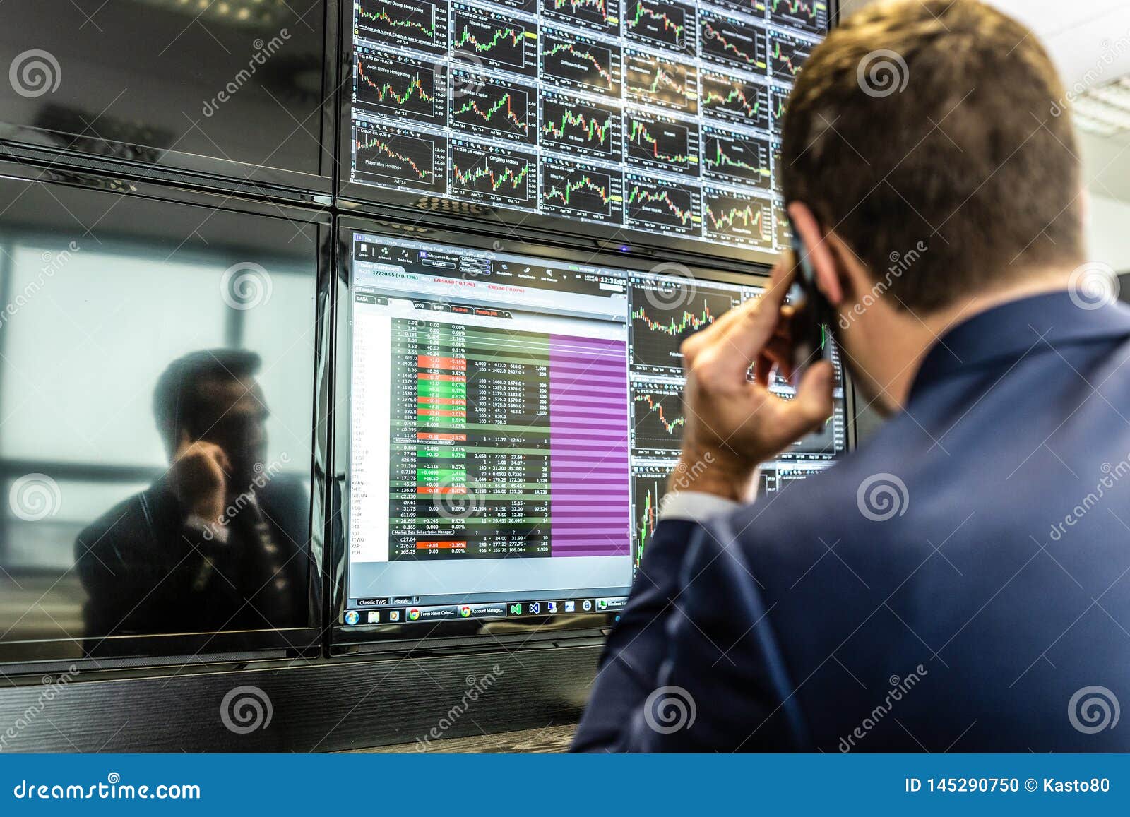 Stock Broker Trading Online, Talking On Mobile Phone ...