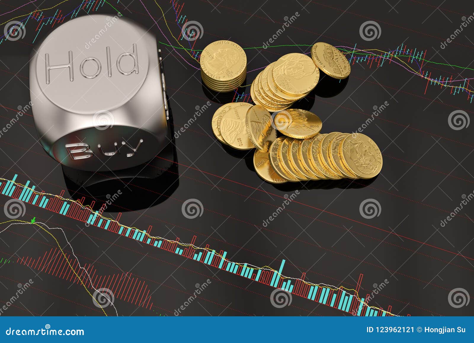 Stock Concept Dice and Coins on Stock Chart.3D Illustration. Stock