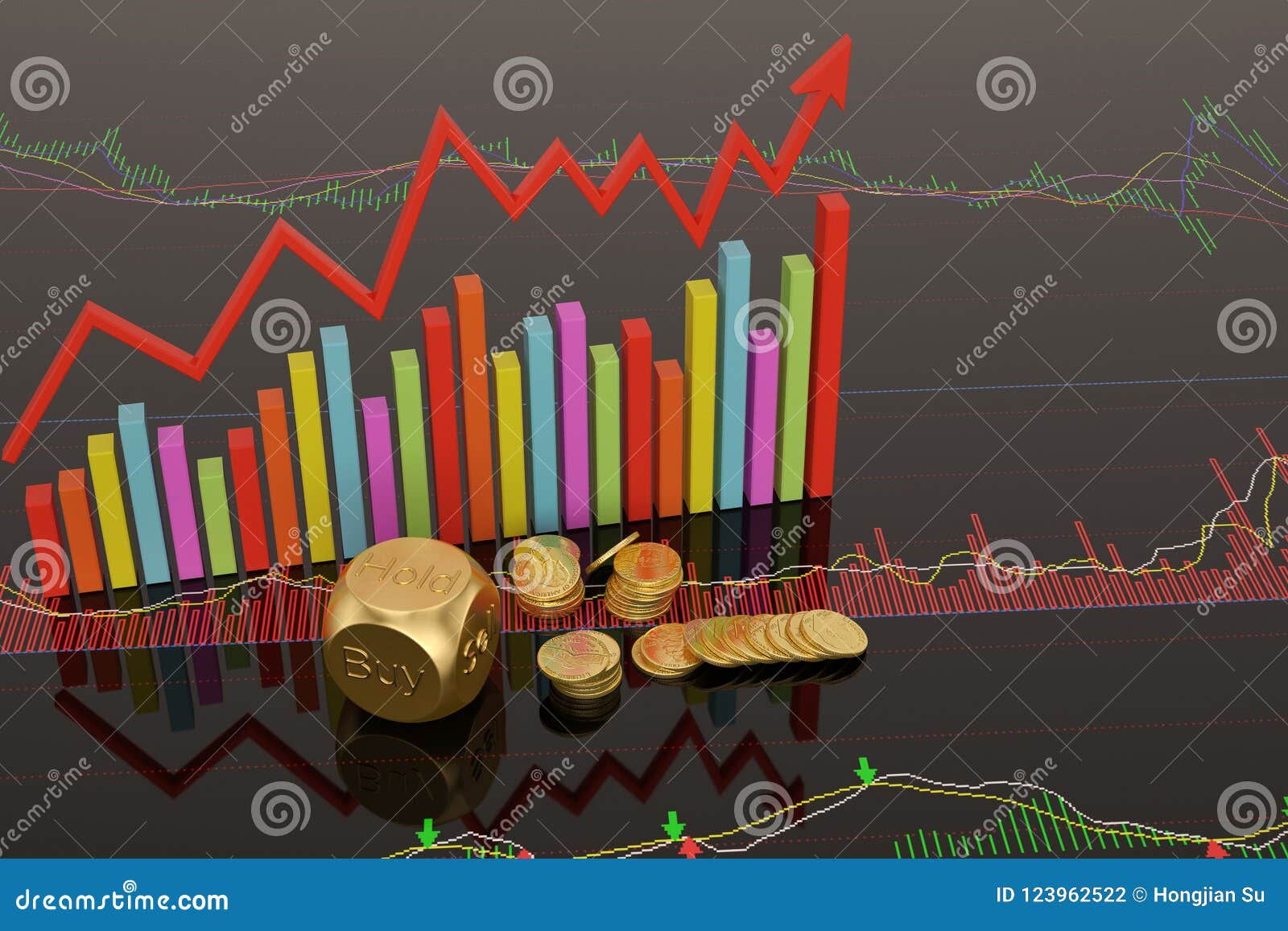 Stock Concept Dices and Coins on Stock Chart.3D Illustration. Stock