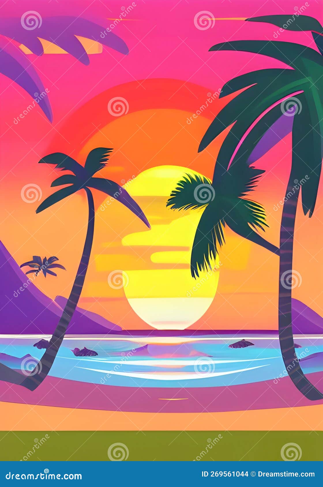 Twilight Serenity Illustrated Sunset at the Beach with Palms Stock ...