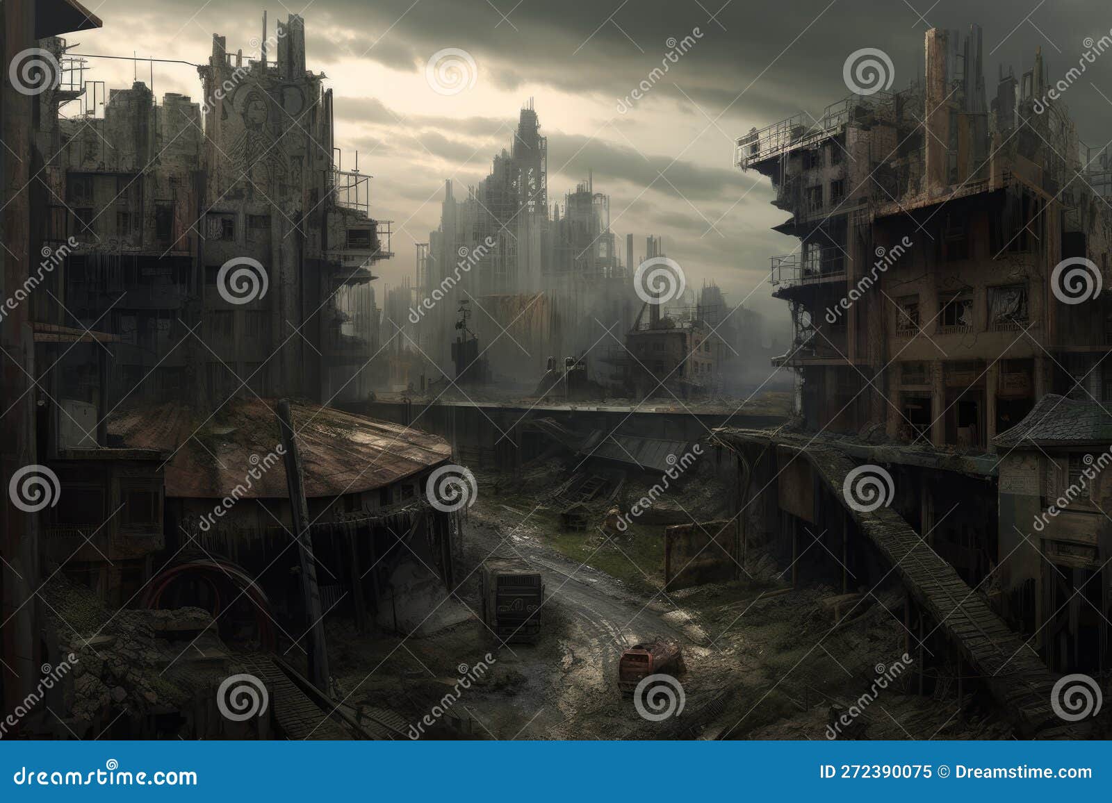 a dystopian world of dark and decrepit buildings and apocalyptic landscapes, generated by ai
