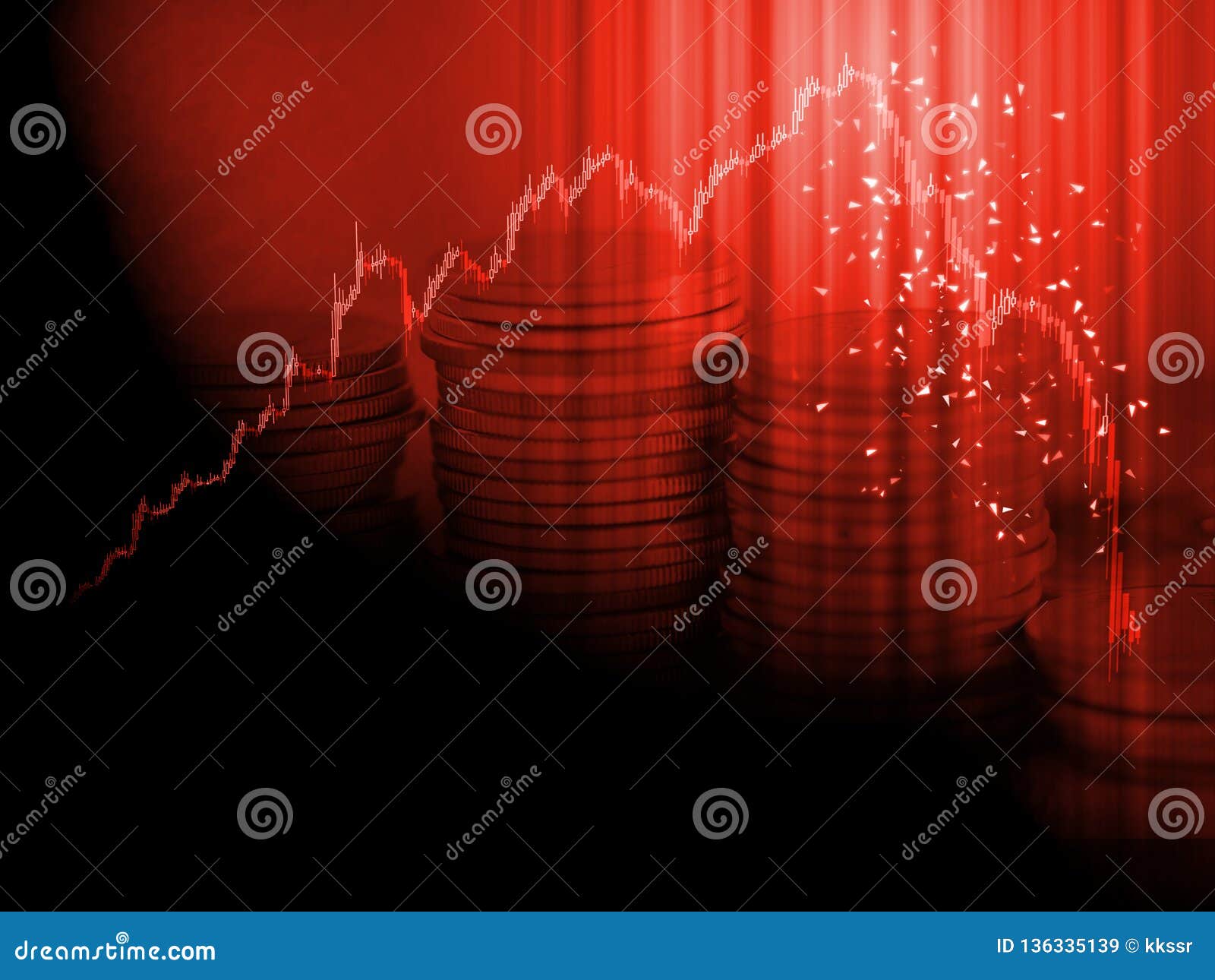 stock market chart panic sell concept. red candle sticks graph hit peak then price drop down dramatically with stack of coins pile