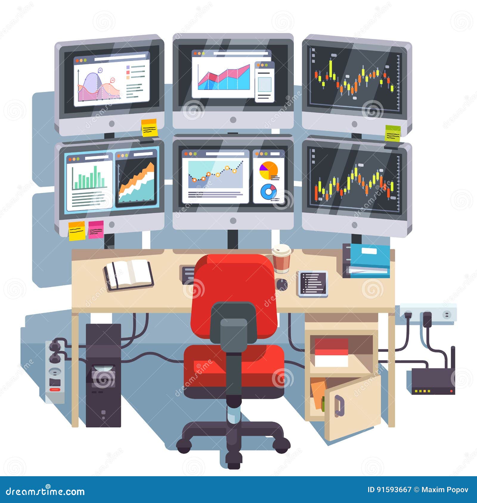 Stock Market Exchange Trader Desk With Displays Stock Vector