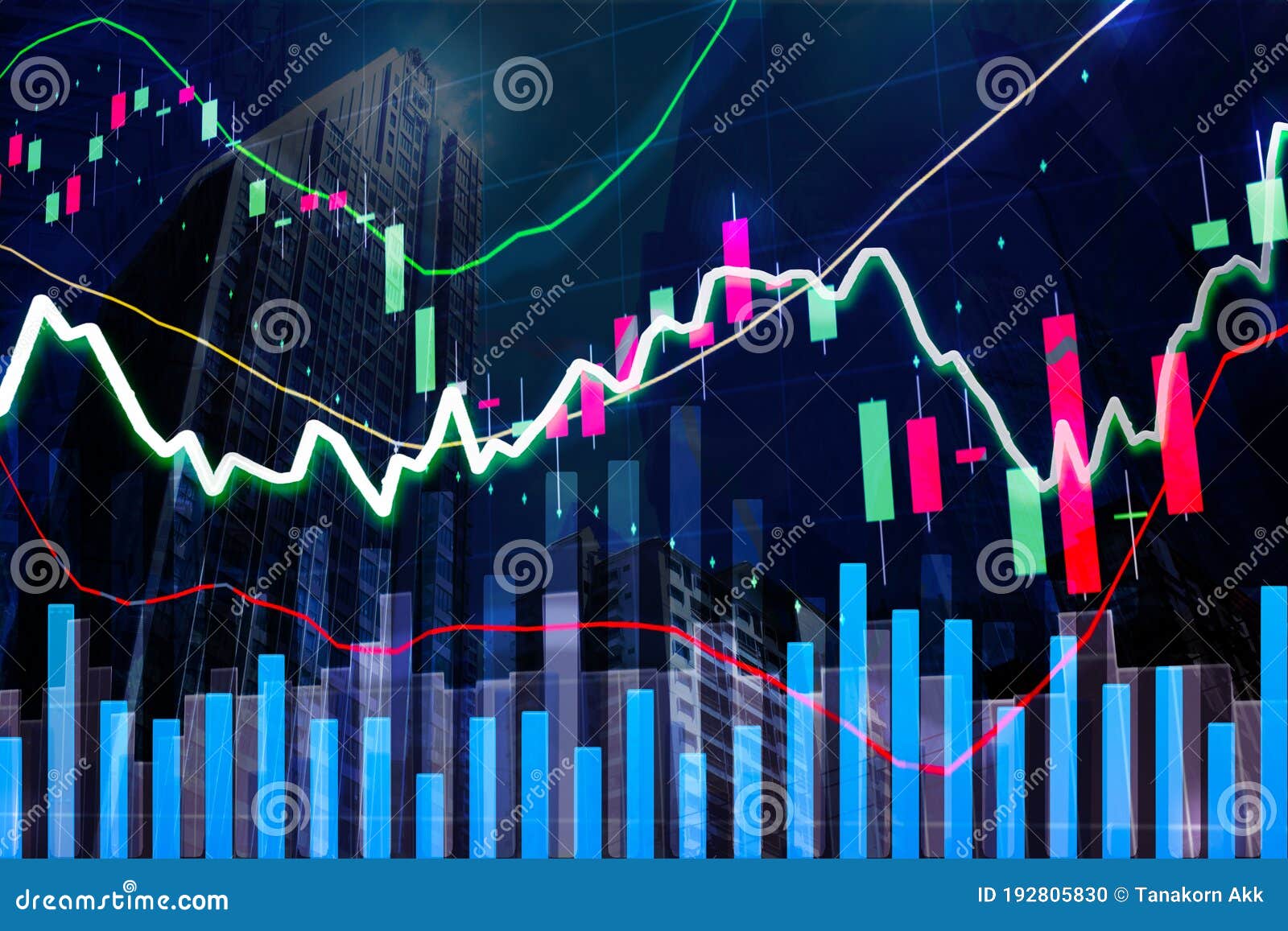 stock market graph in modern building city sky, concept for stock trading and financial markets,