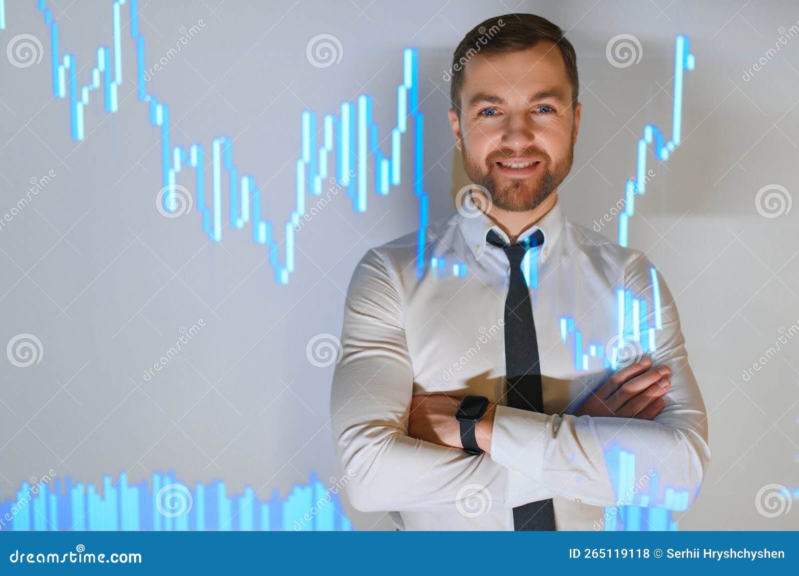 stock market top trader looks at projected ticker numbers and graphs running, analysing data to make best sell. behind