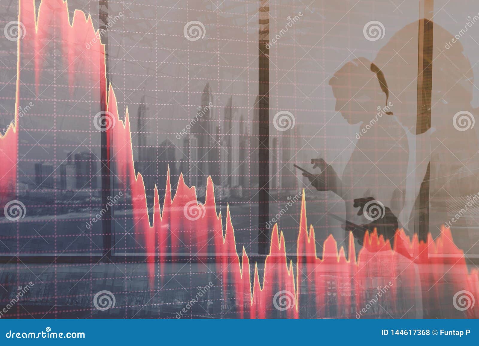 stock markets crash, stock down. graphs against a city people abstract background