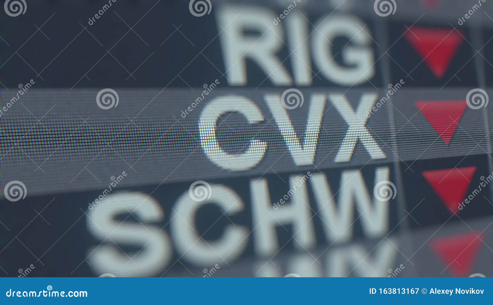 CHEVRON CVX Stock Ticker on the Screen with Decreasing Arrow. Editorial