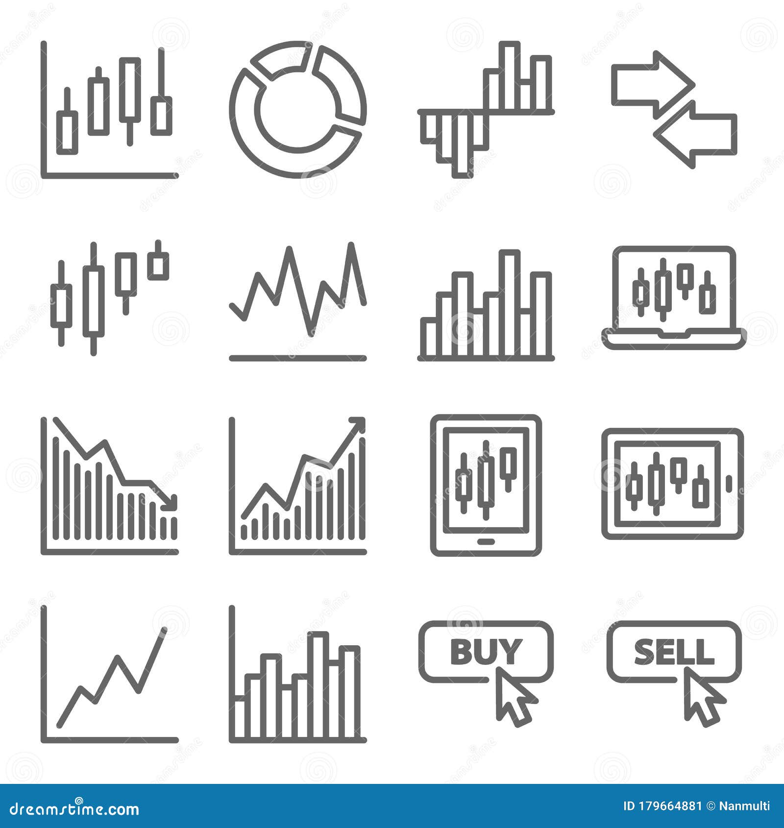 stock trading icon set  . contains such icon as online trading, buy, sell, portfolio, candle, pie chart and more