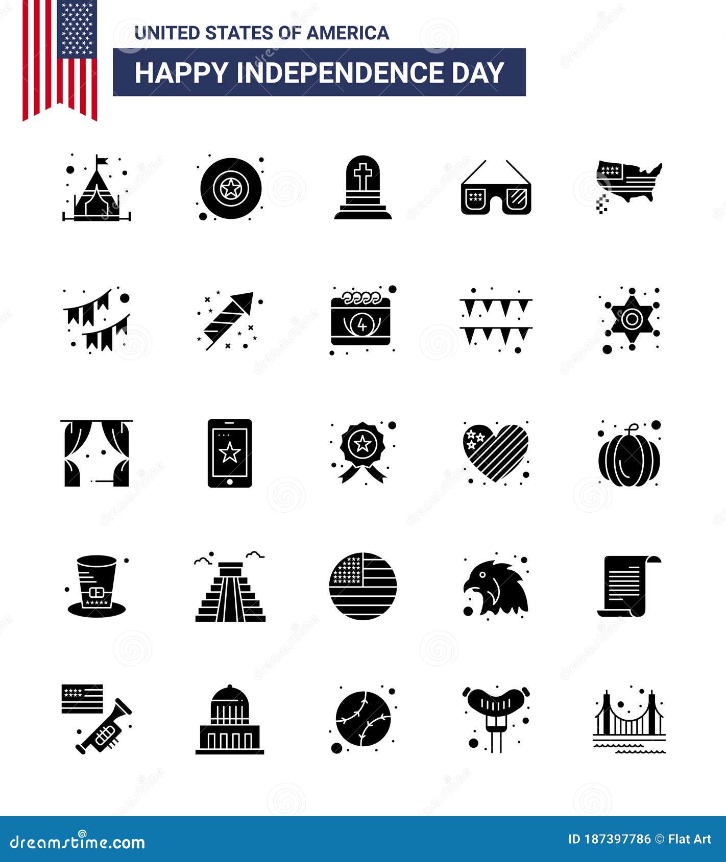 stock  icon pack of american day 25 solid glyph signs and s for usa; map; gravestone; american; imerican