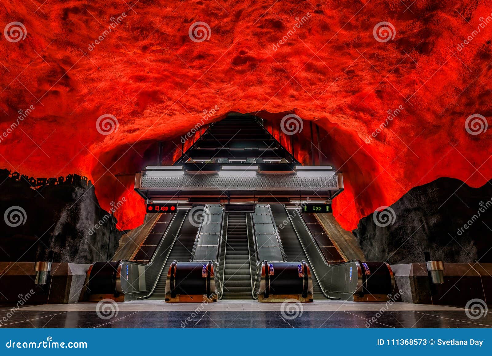 stockholm metro or tunnelbana station solna centrum with fire li