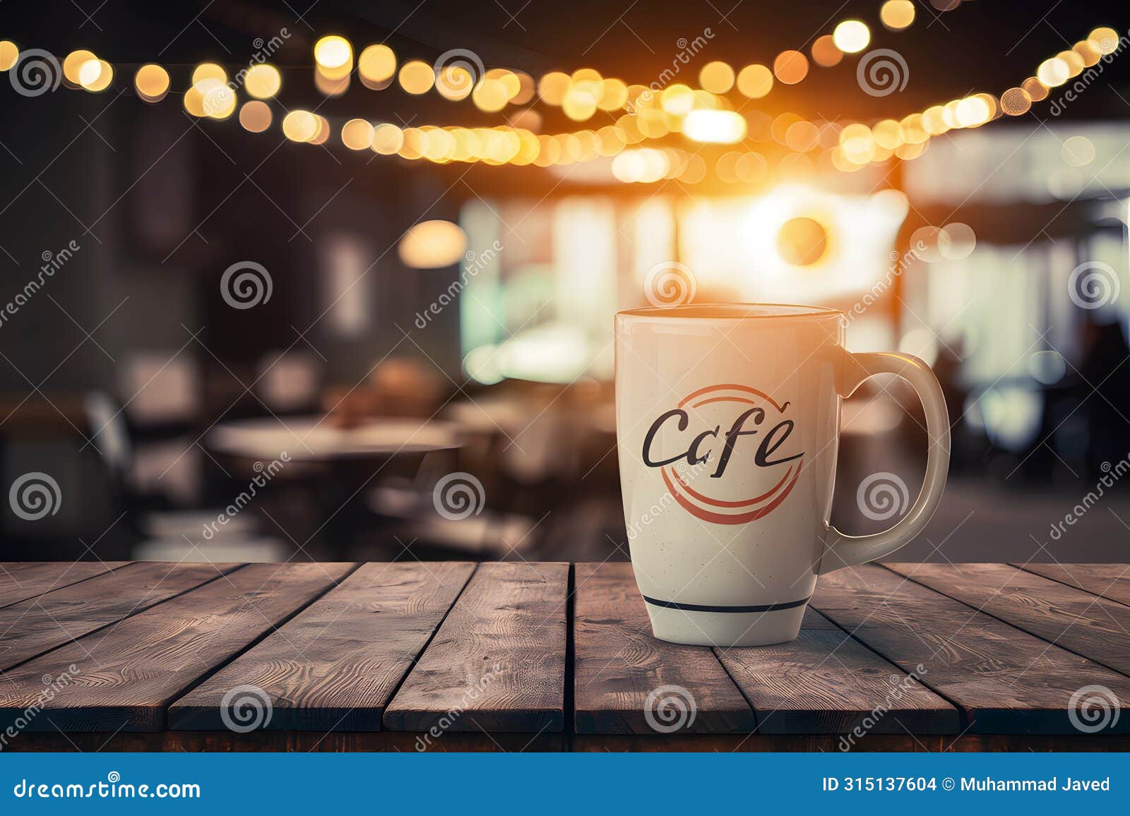 stockphoto empty wooden table with caf?? background and golden lights