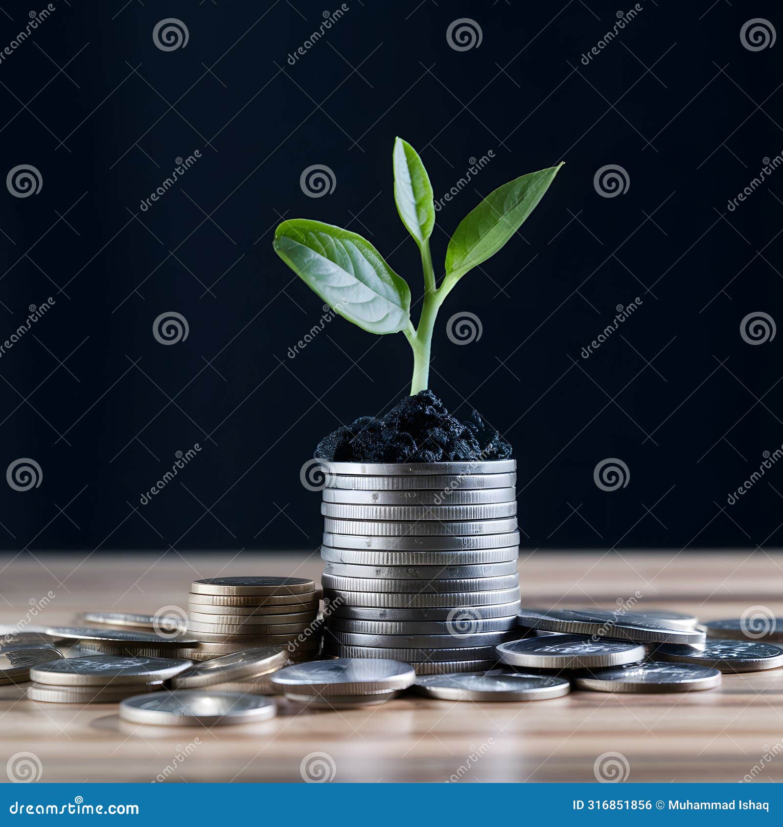 stockphoto investment concept, coins stack with green seedling on black