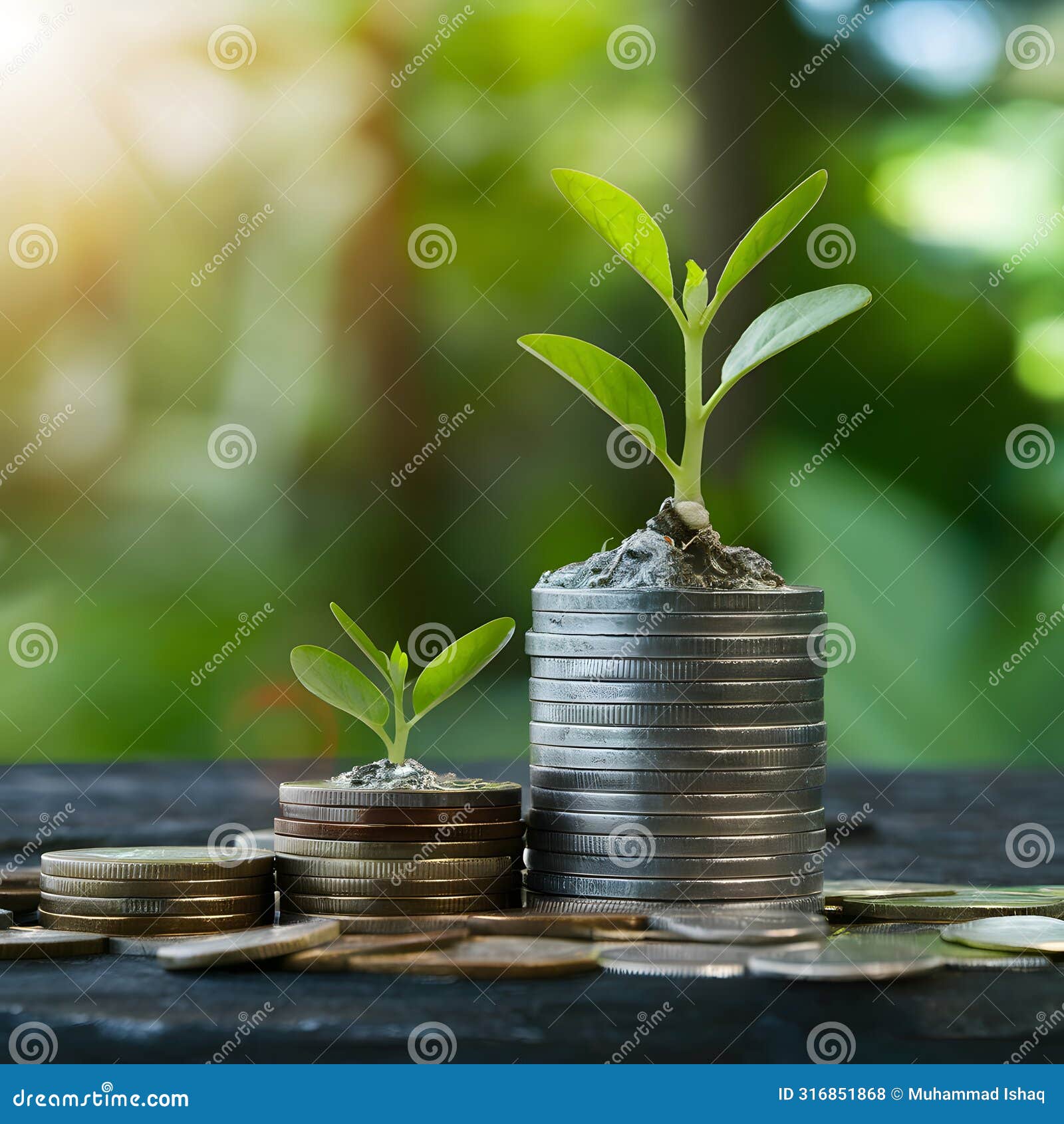 stockphoto investment concept, coins stack with green seedling on black