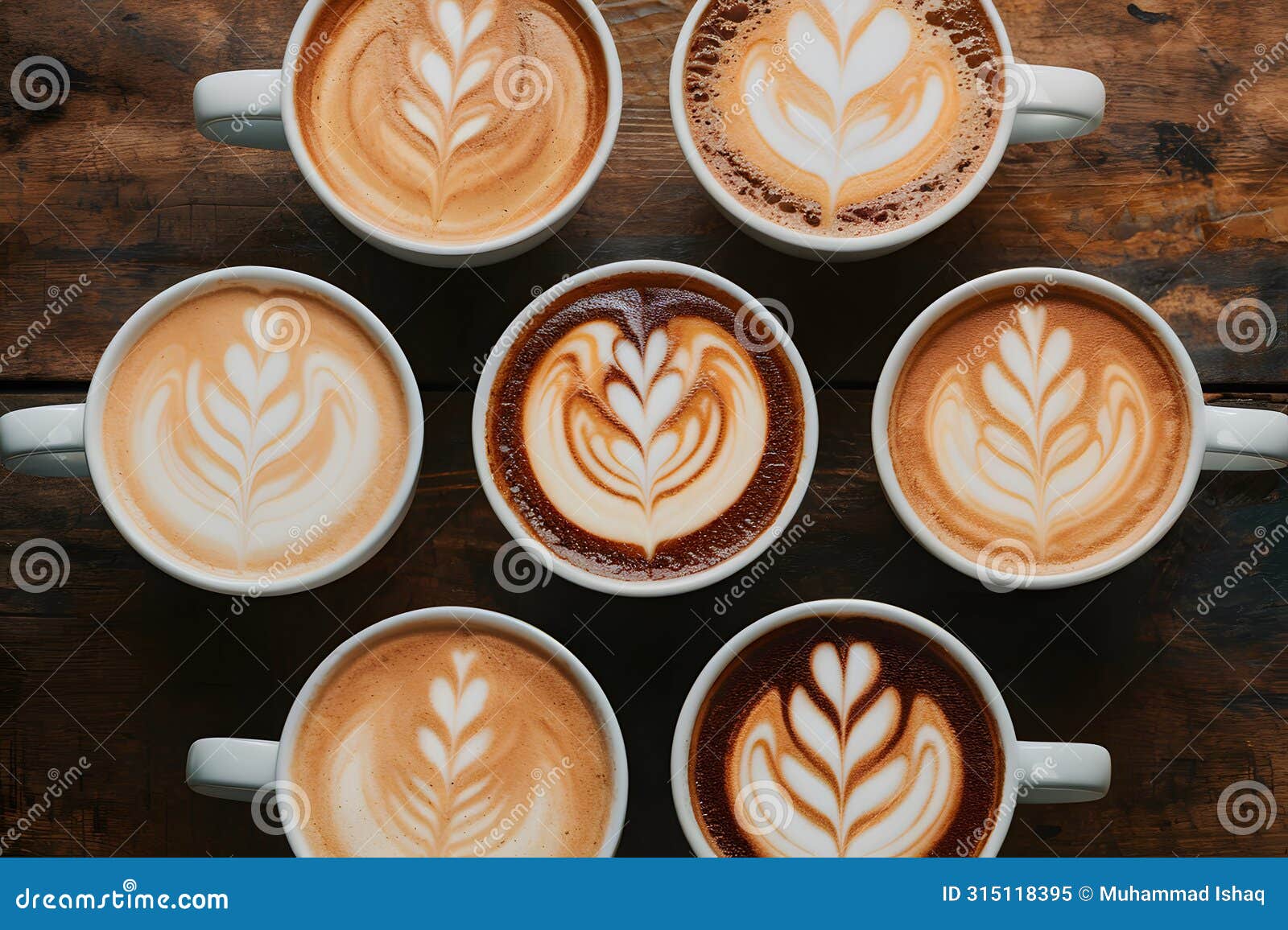 stockphoto a variety of cup macchiatos presented in top view