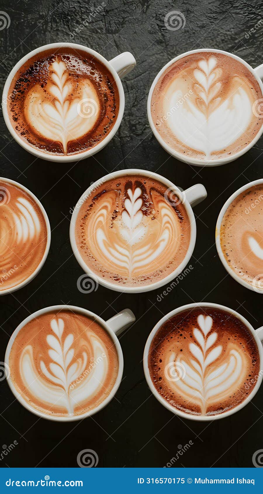 stockphoto a variety of cup macchiatos presented in top view