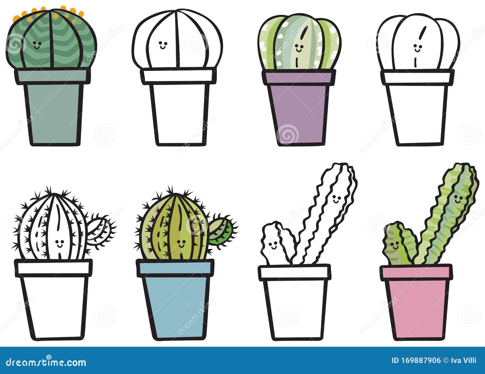 Stoffen. Reeks van vier geïllustreerde cactus en succulente planten