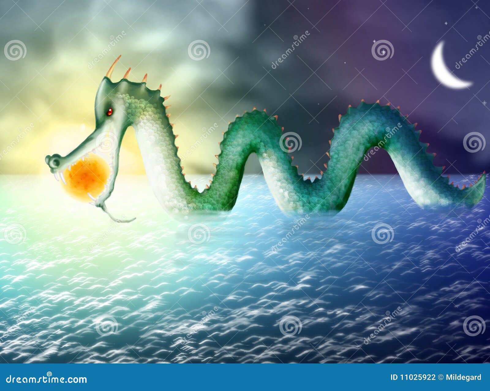 Stolen sun. The sun has been stolen from the sky by the giant water monster serpent. Now the serpent runs away with it and day turns into night as it moves