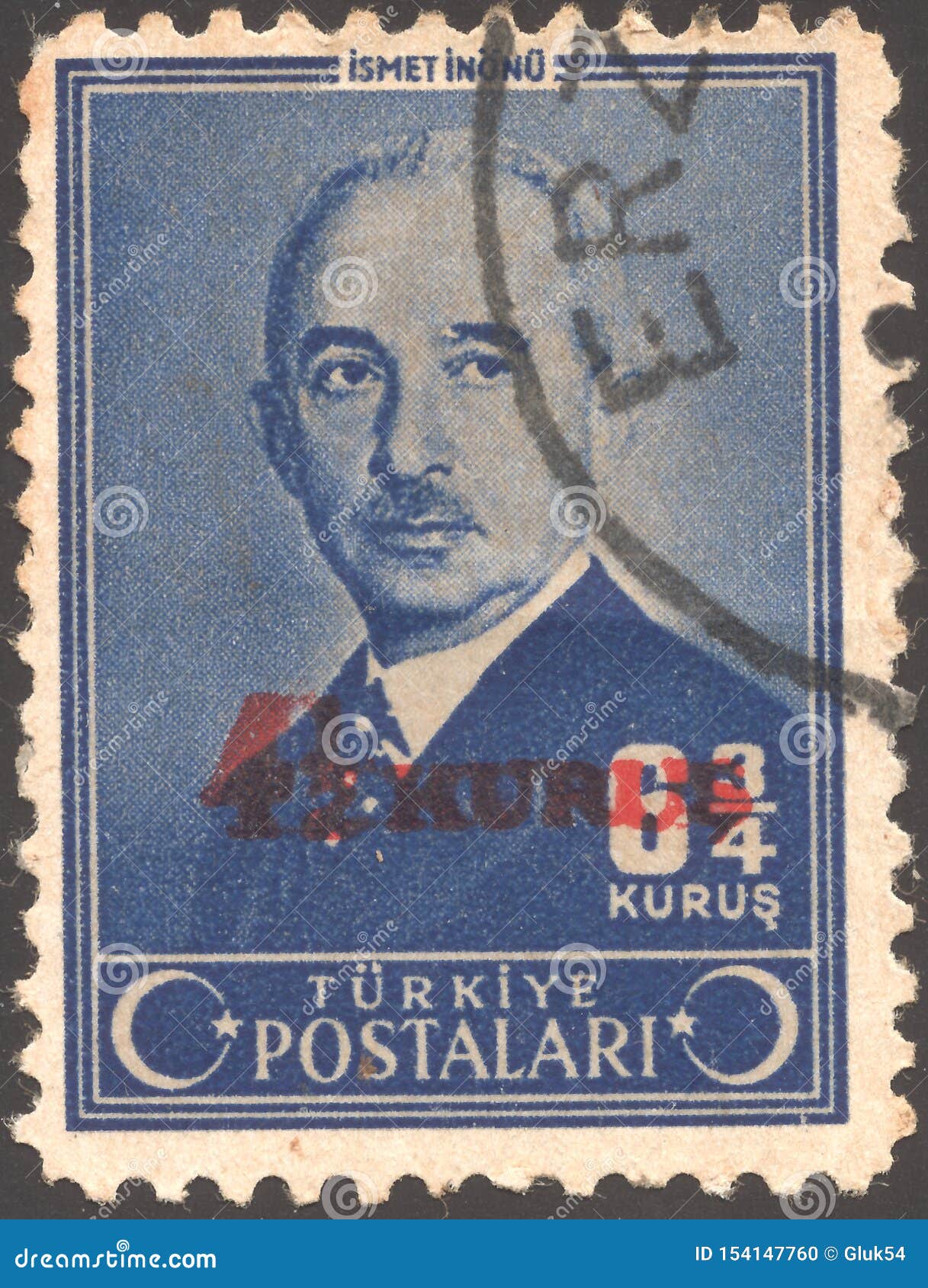 Turkiet Circa 1950: Stolpestämpeln skrivev ut Turkiet Mustafa Ismet Inonu - turkiskt allmänt och statsman, som tjänade som som den andra presidenten av Turkiet från 10 November 1938 till 27 Maj 1950 Circa 1945