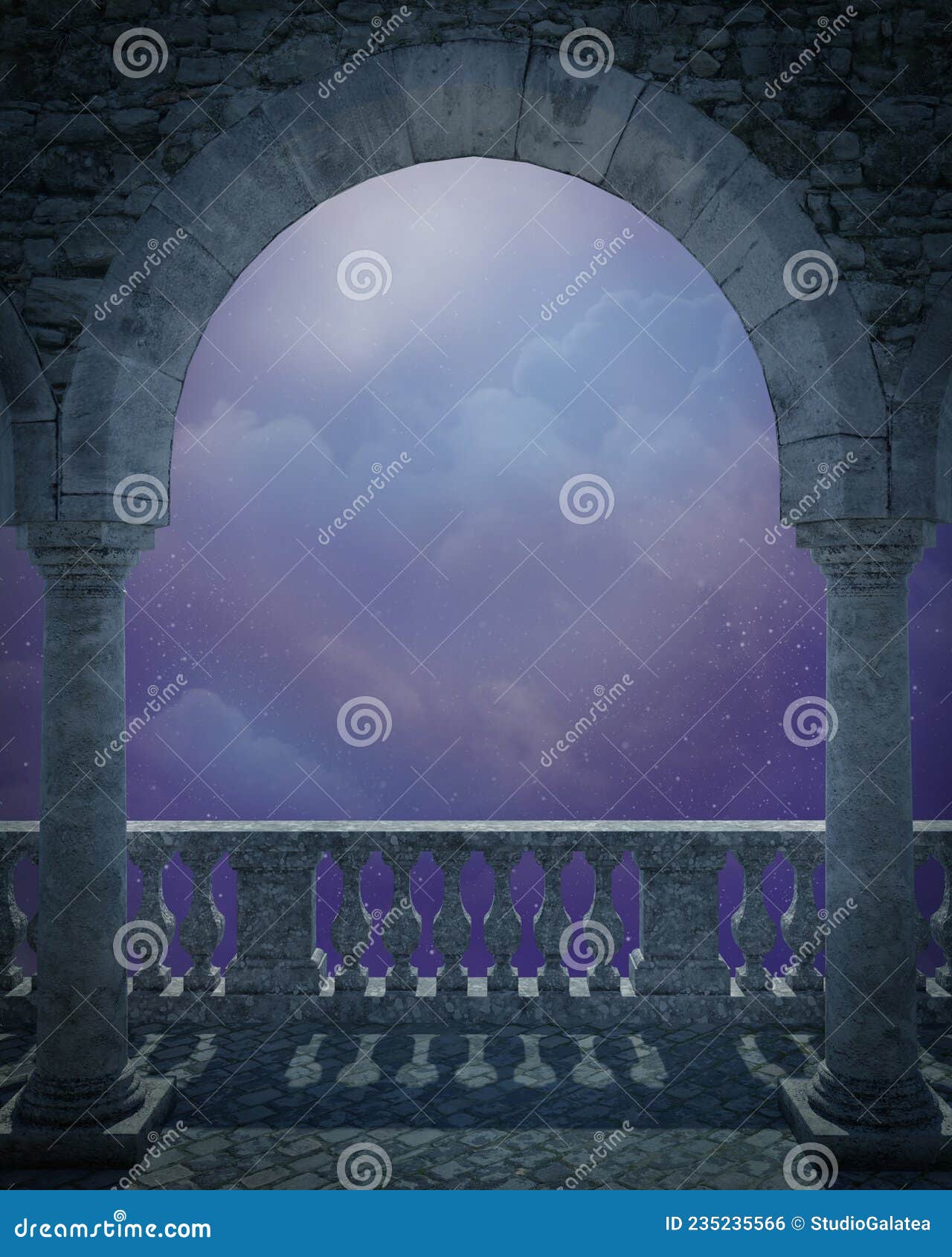 stone archway and balcony with fantasy moonlit sky