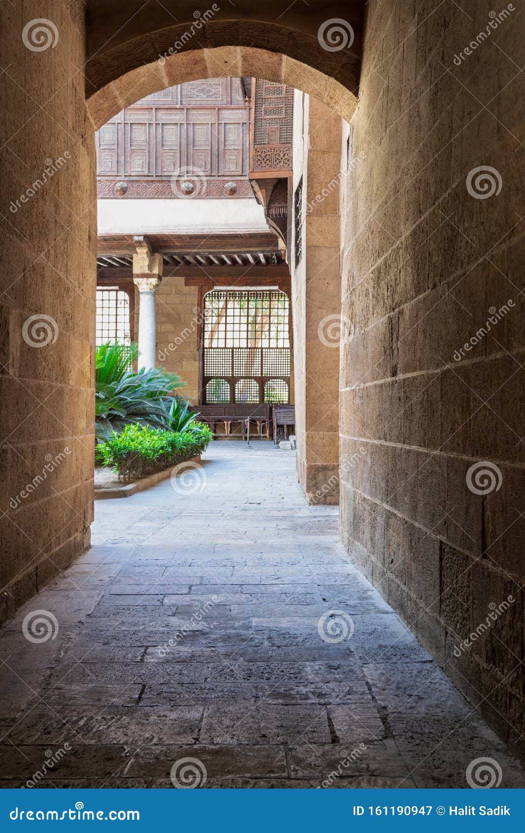 stone bricks vaulted entrance of historic beit el sehemy house, cairo, egypt