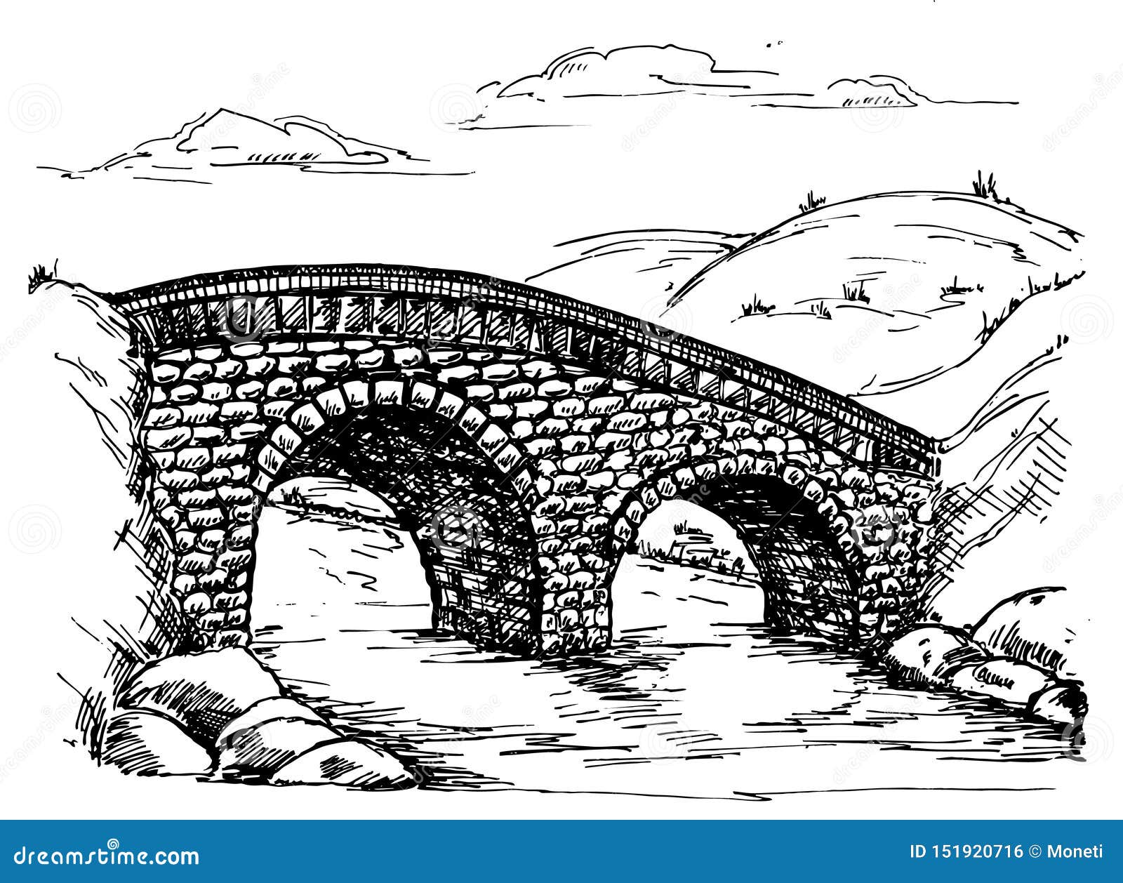 Stone Bridge Over River Landscape Sketch Retro Stock Illustration ...