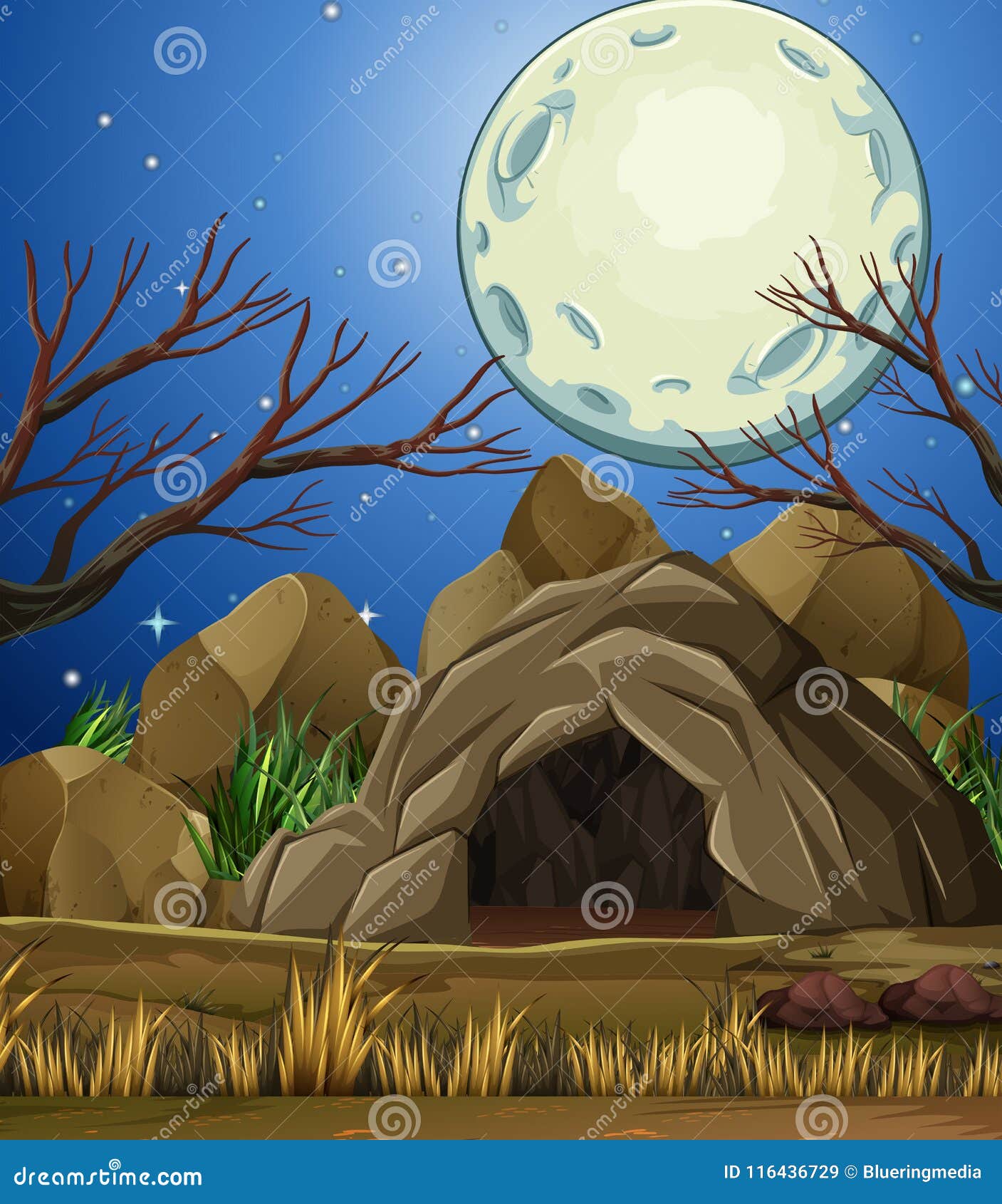 Stone Cave Under Then Moon Light Stock Vector - Illustration of drawing ...