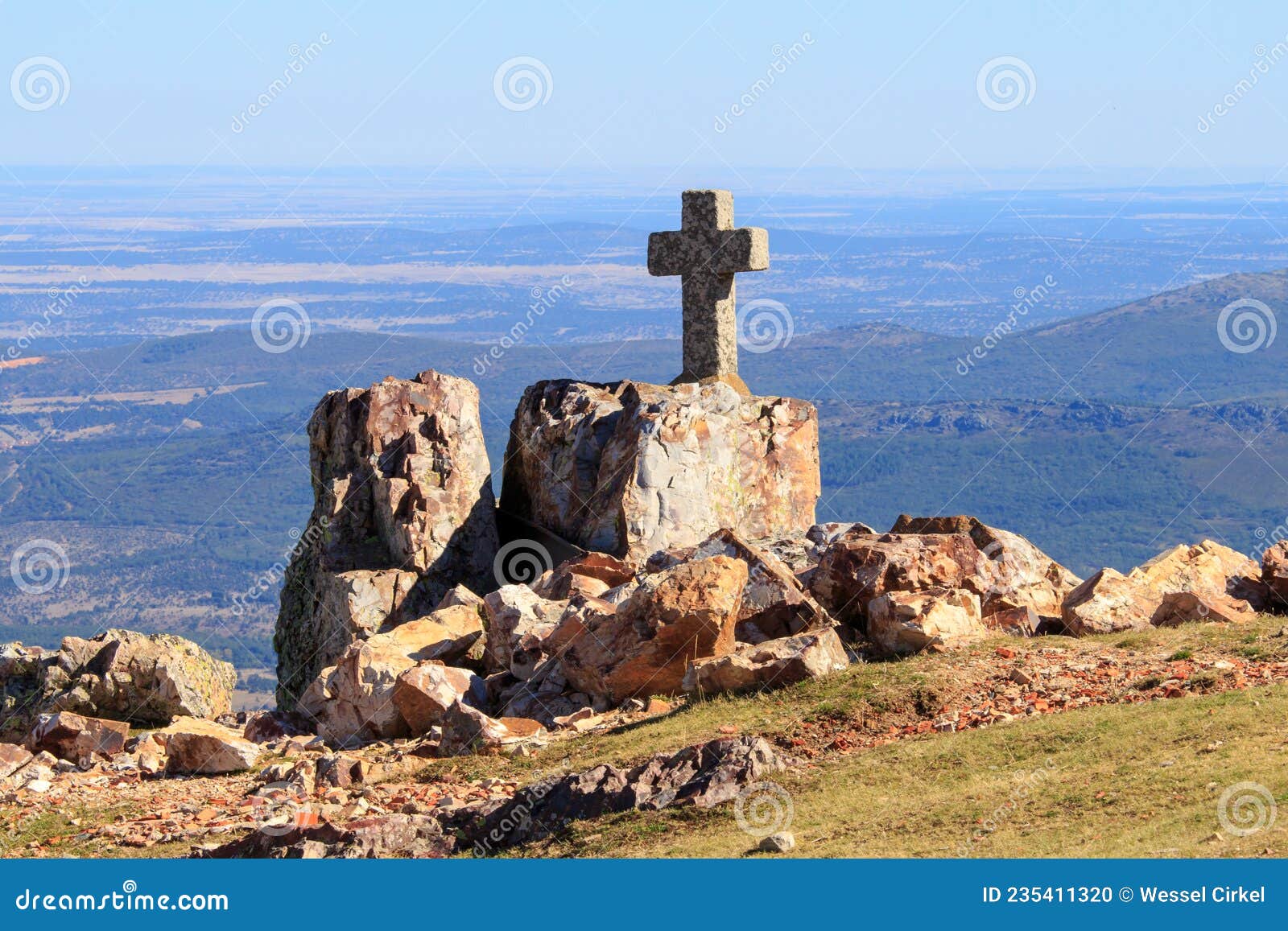 stone cross near santuario de nuestra senora de la pena de francia, spain