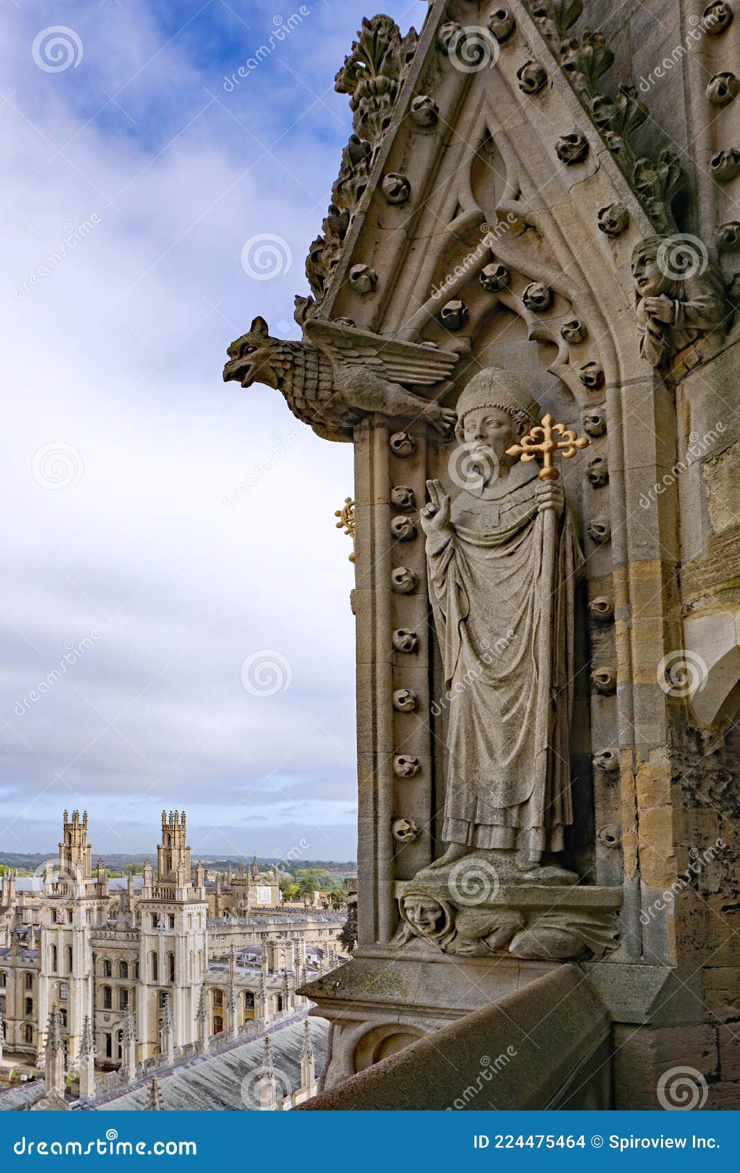 stone gargoyle and carving of an archbishop dating from the 13th century, oxford university