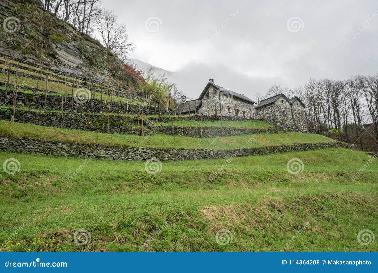 stone houses in the traditional rustico architecture style of the ticino in southern switzerland