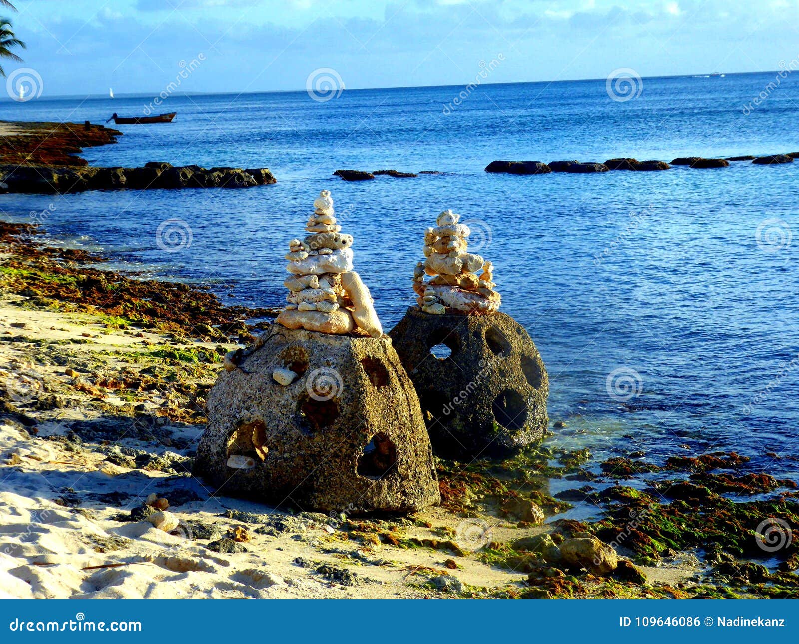 Stone Huts at Tropical Beach with Palms at Caribian Sea Like Paradise ...