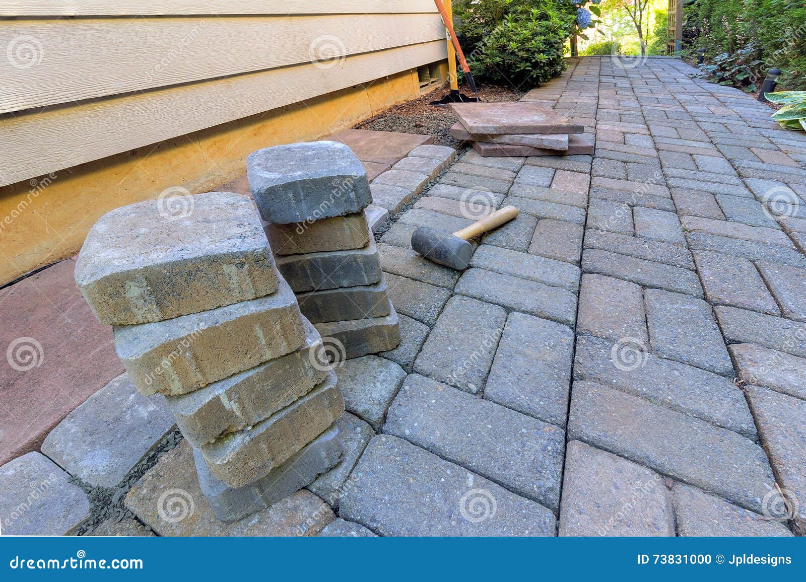 Stone Pavers And Tools For Side Yard Hardscape Stock Photo Image