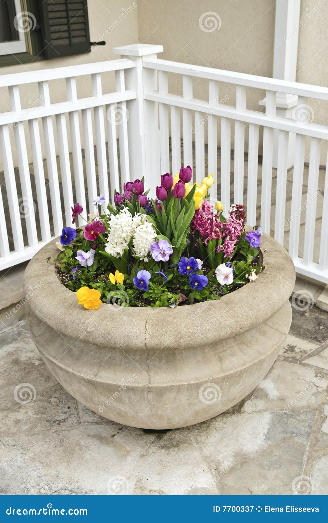 Stone Planter with Spring Flowers Stock Image - Image of landscaped ...
